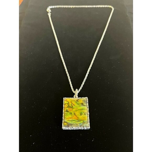 Vintage Earth-Toned Abalone Shell Pendant Necklace 20 Inch Chain Silver Tone - Picture 3 of 4